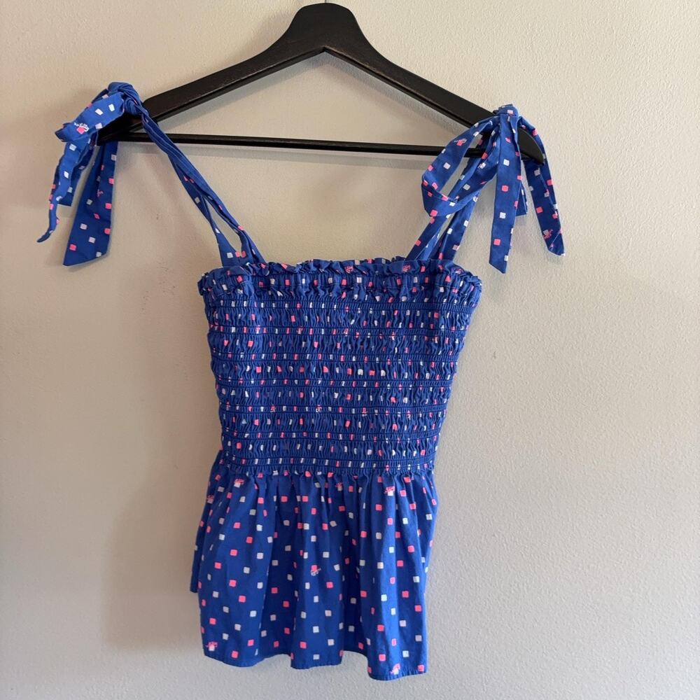 Lilly Pulitzer Tank Top Womens XS Blue Smocked Tie Strap Peplum Geometric Print